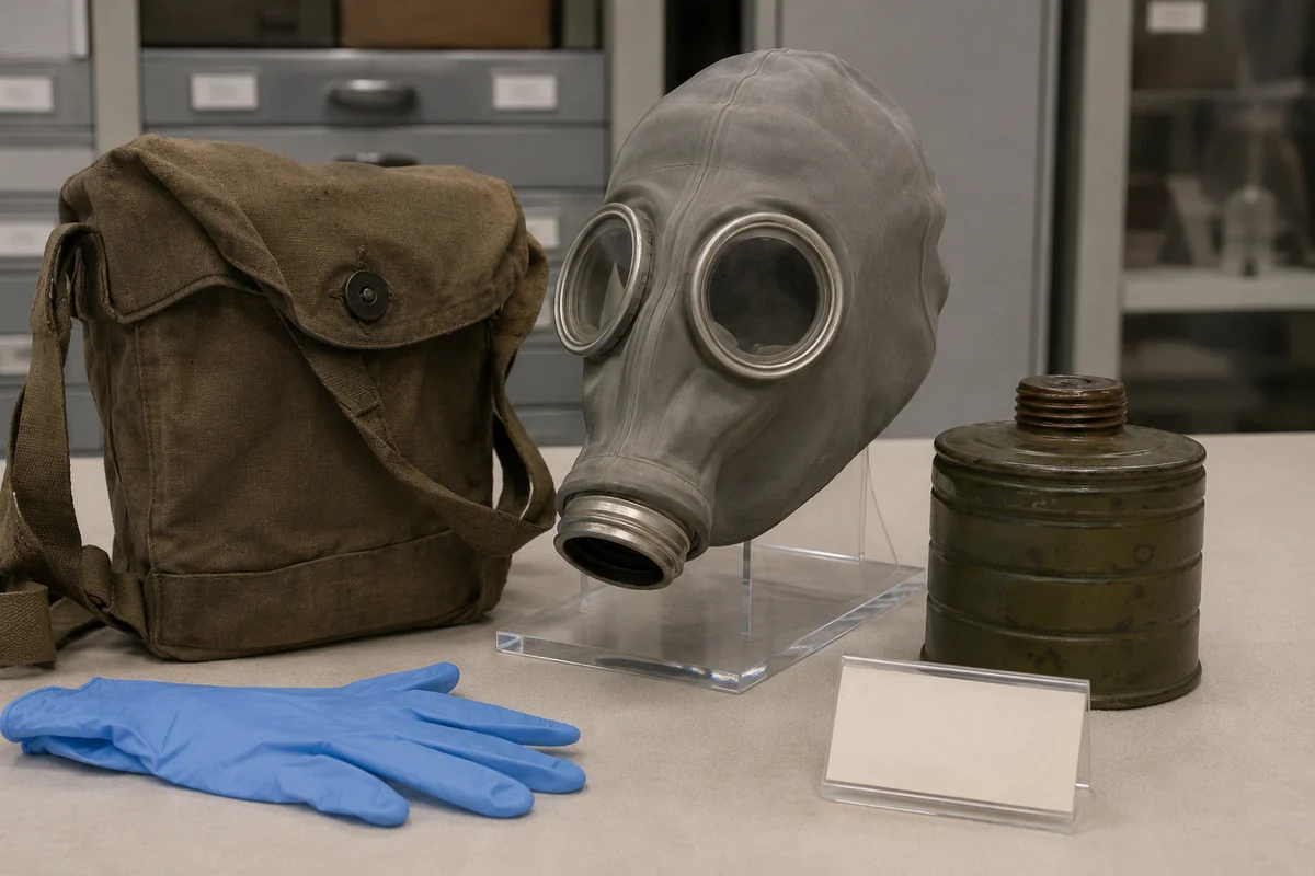 Gray historical gas mask, canvas carrier and separate filter displayed in a conservation room