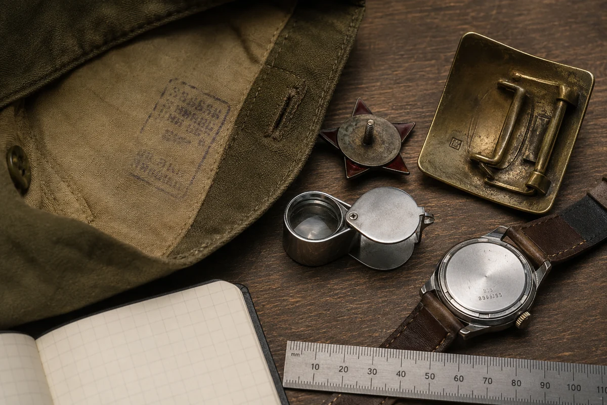 Soviet tunic stamp, badge reverse, buckle maker mark, watch serial area, loupe and ruler