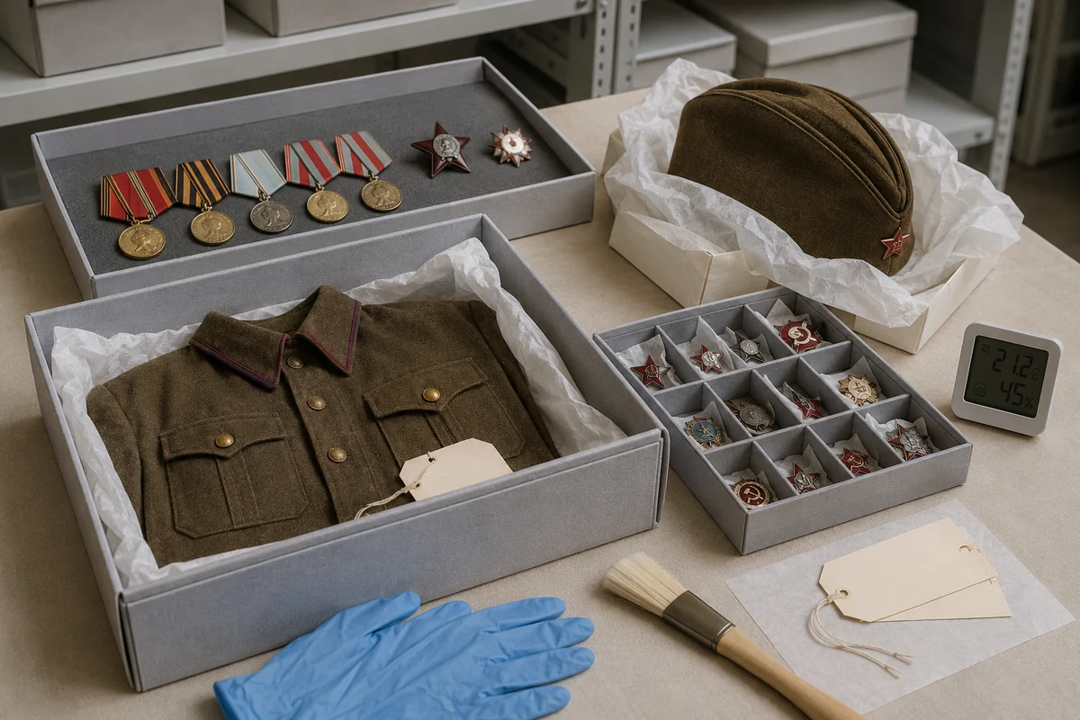 Soviet uniform, cap, medals and badges stored in archival boxes with gloves, brush and humidity monitor