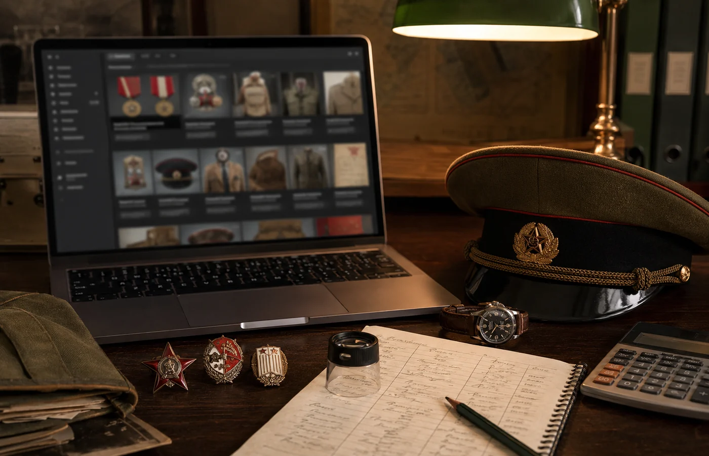 Collector desk researching blurred marketplace sold listings with cap, medals, watch, calculator and notes